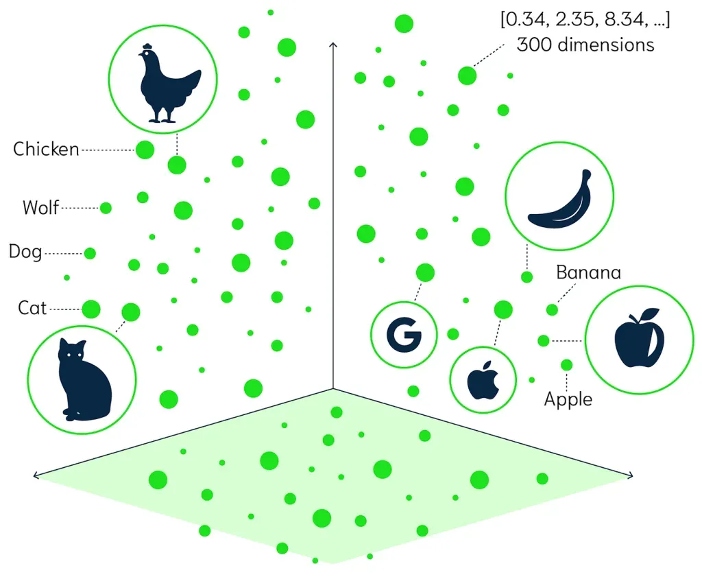 Embedding space showing semantic clusters for animals, fruit, and brands